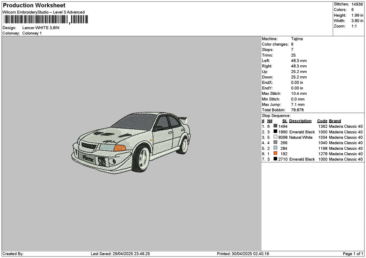 White Car 2904 Embroidery File 6 sizes