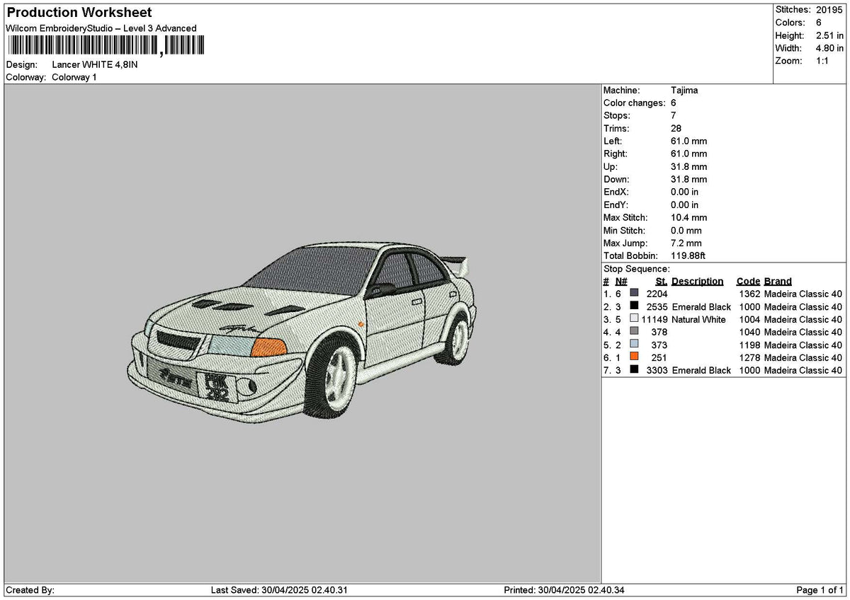 White Car 2904 Embroidery File 6 sizes