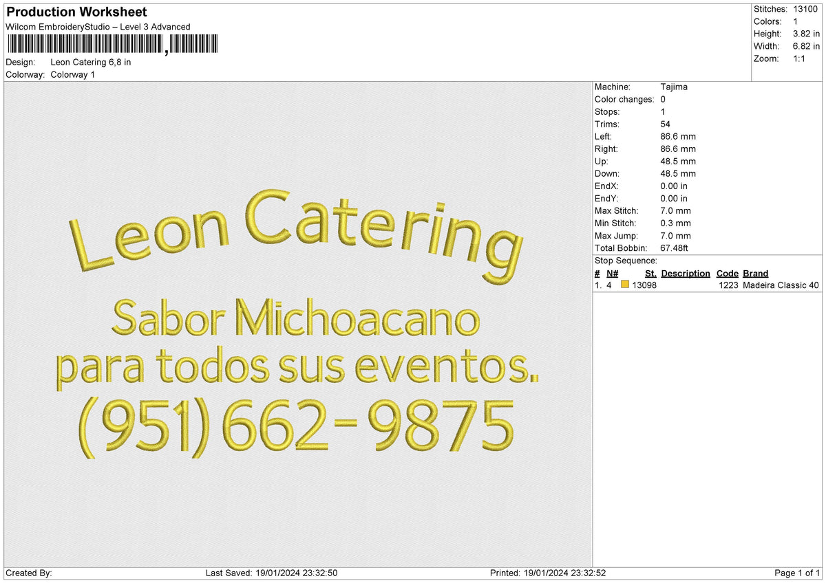 Leon Catering Embroidery File 6 size