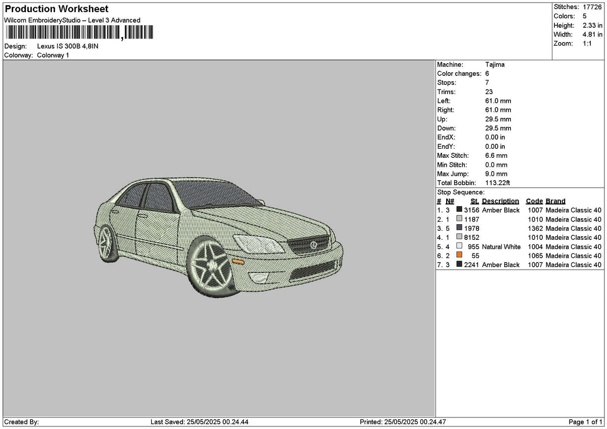 Grey Car 2505 Embroidery File 6 sizes