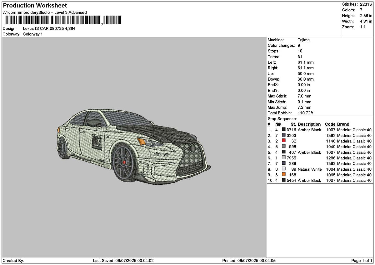 White Car 0807a Embroidery File 6 sizes
