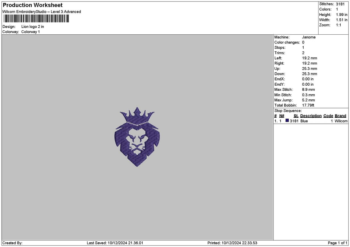 Small Lion Embroidery File 6 sizes