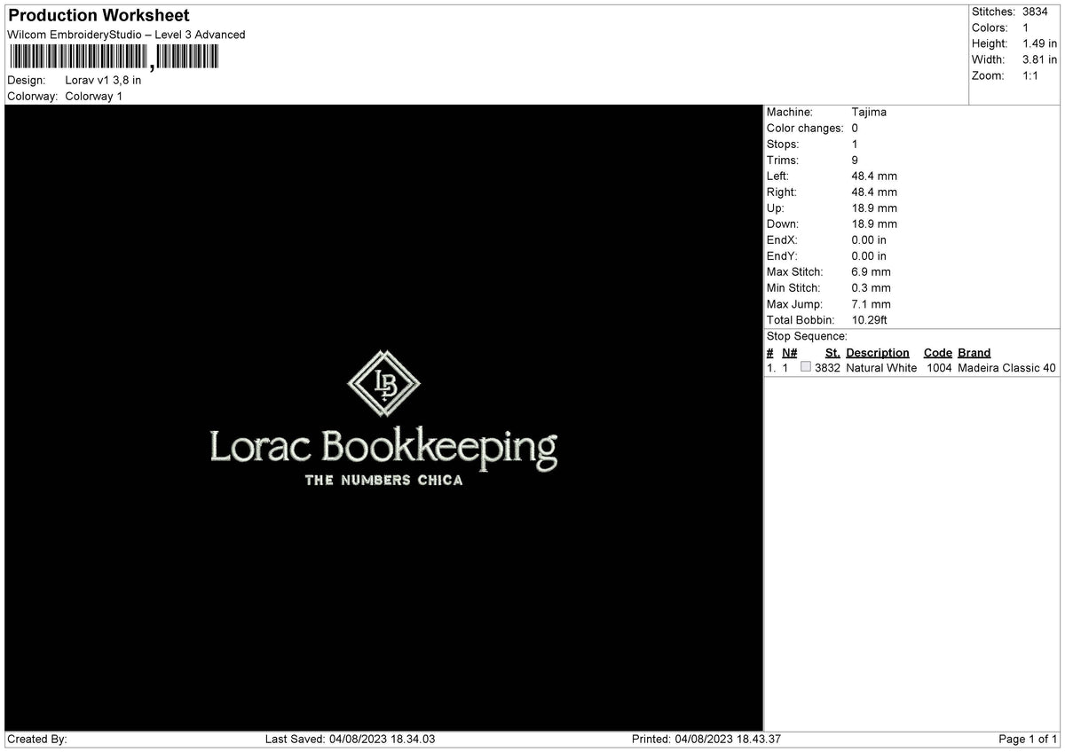 Lorac V1 Embroidery File 6 sizes