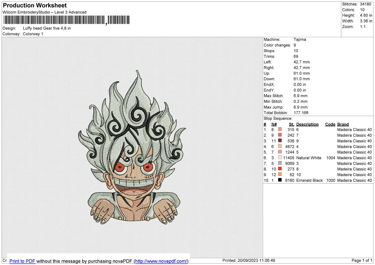 Luffy head Gear five Embroidery File 6 size