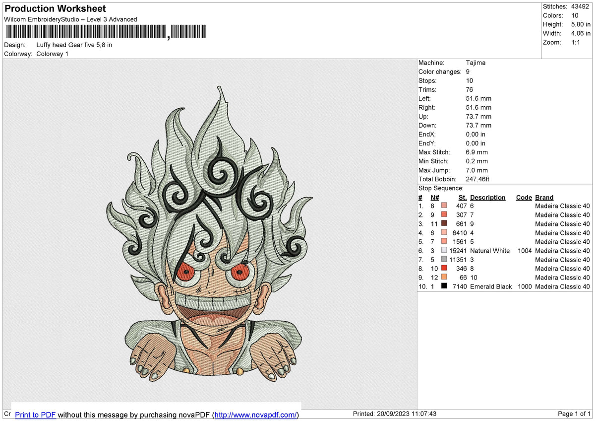 Luffy head Gear five Embroidery File 6 size