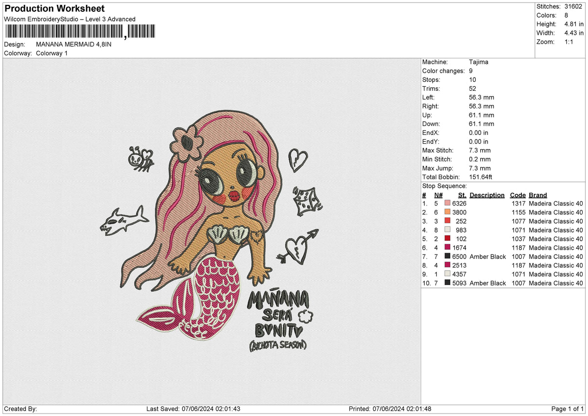 MANANA MERMAID Embroidery File 6 size