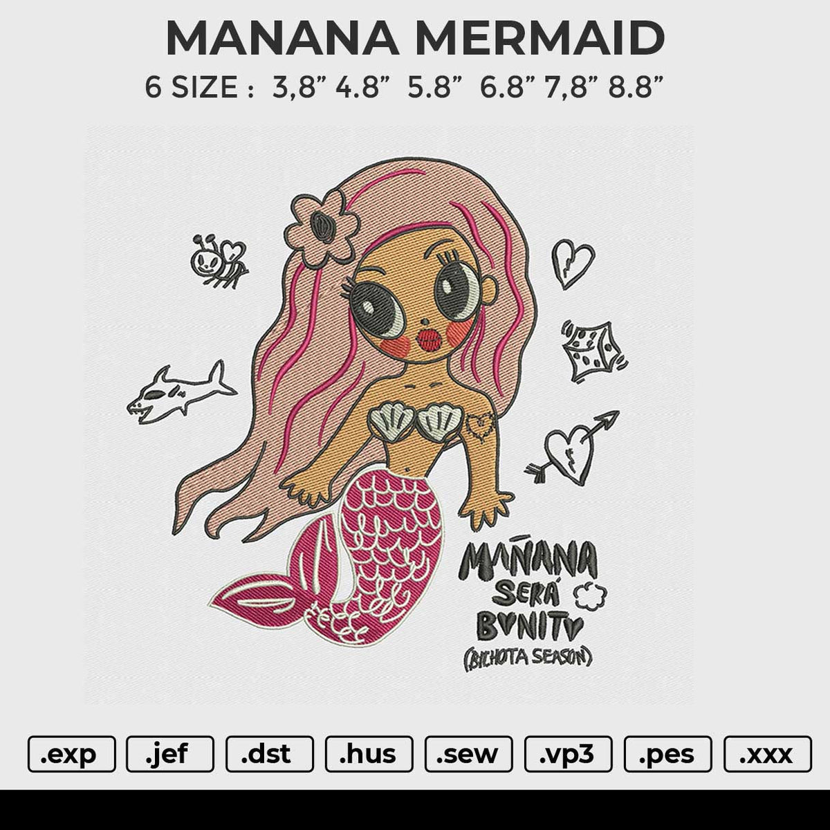 MANANA MERMAID Embroidery File 6 size