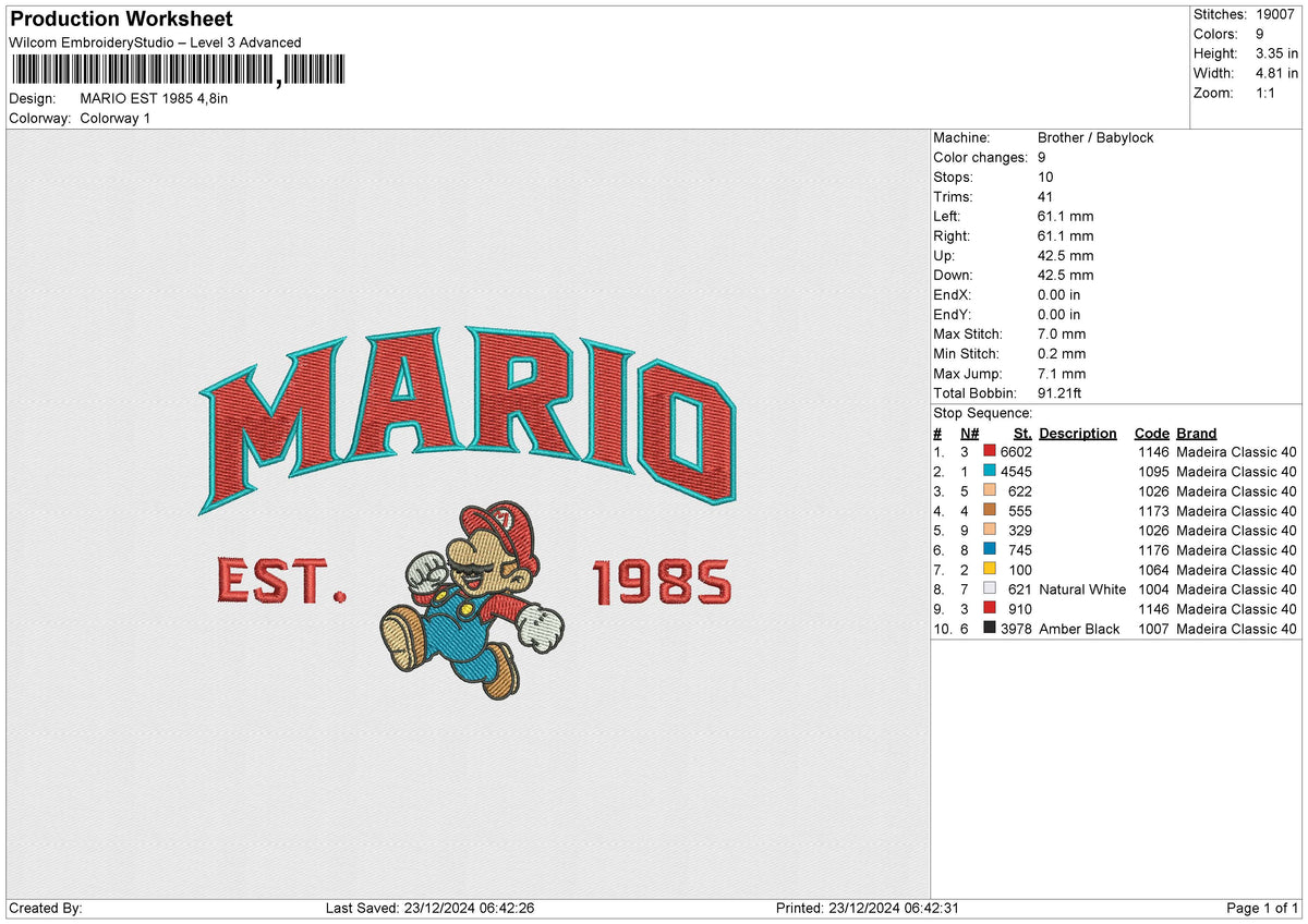 MARIO EST 1985 Embroidery File 6 size