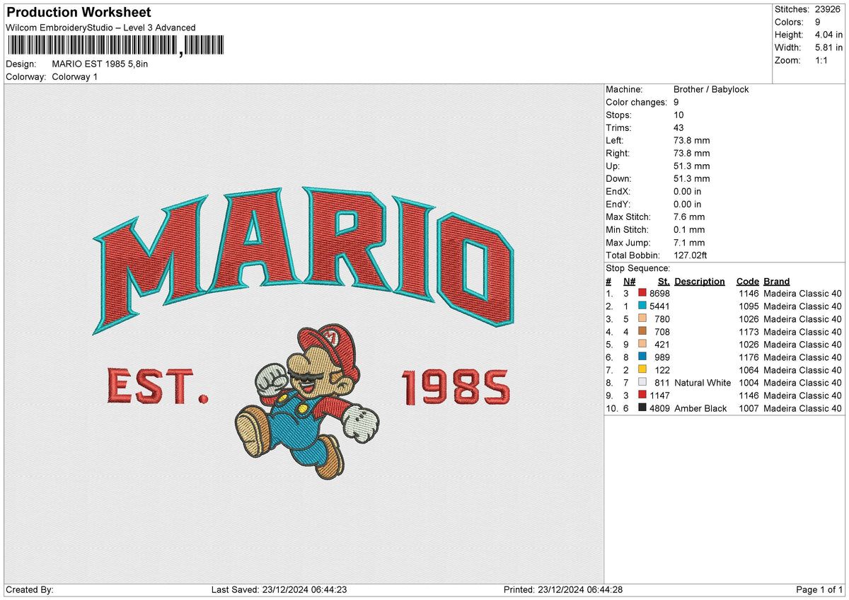MARIO EST 1985 Embroidery File 6 size
