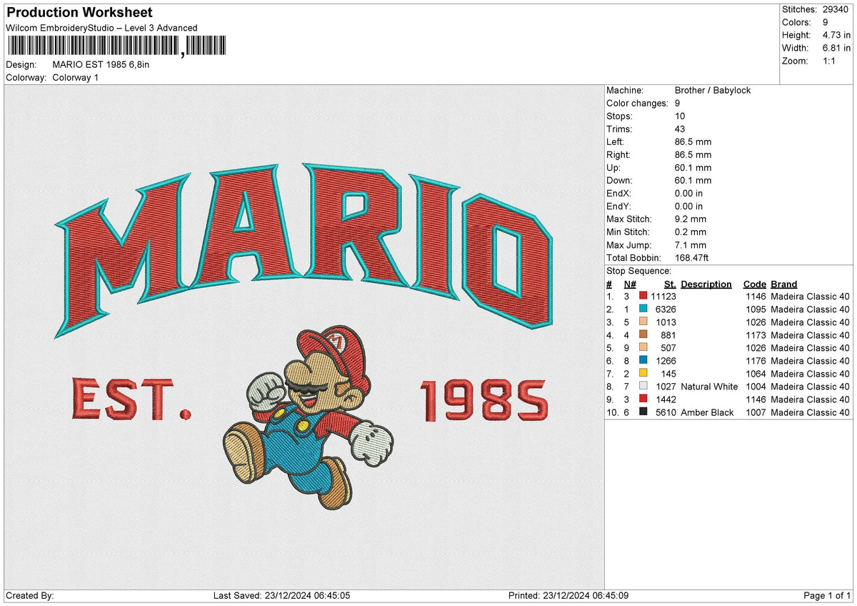 MARIO EST 1985 Embroidery File 6 size