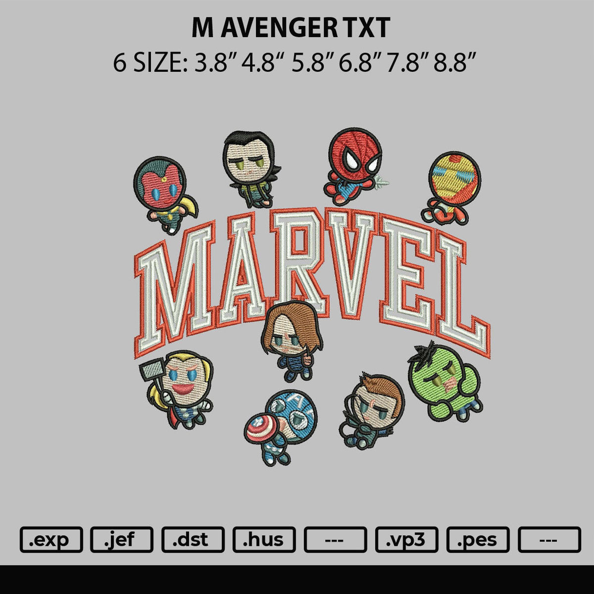 M Avenger Txt Embroidery File 6 sizes