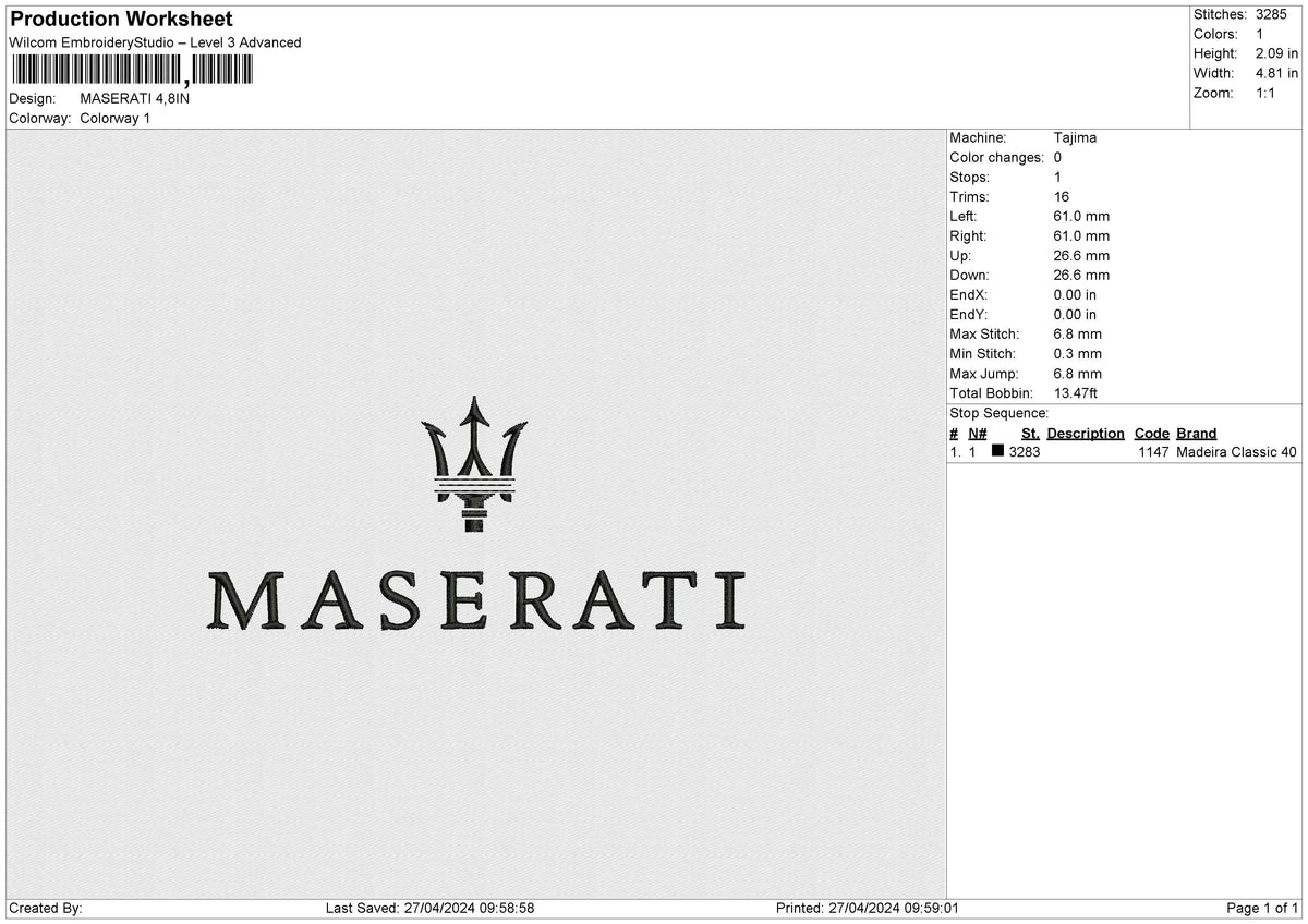 MASERATI Embroidery File 6 size