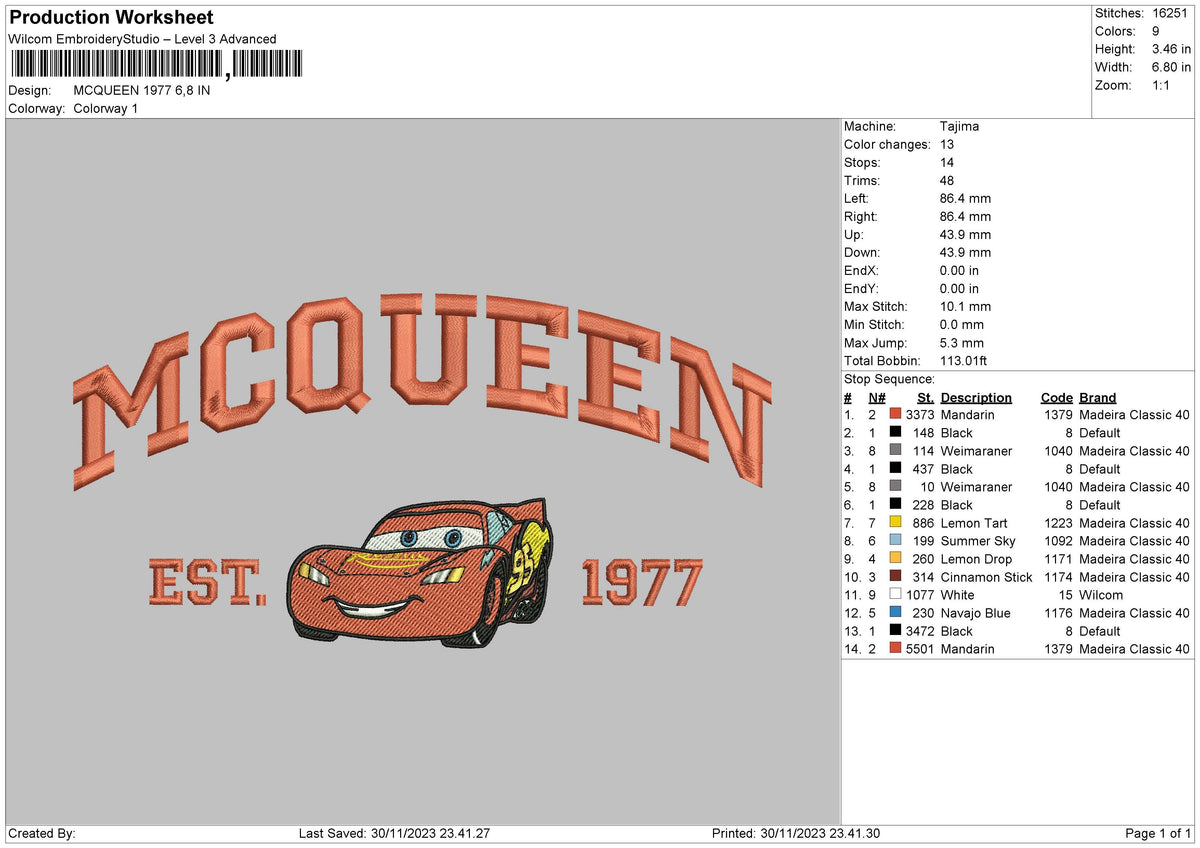 Mcqueen 77 Embroidery File 6 sizes