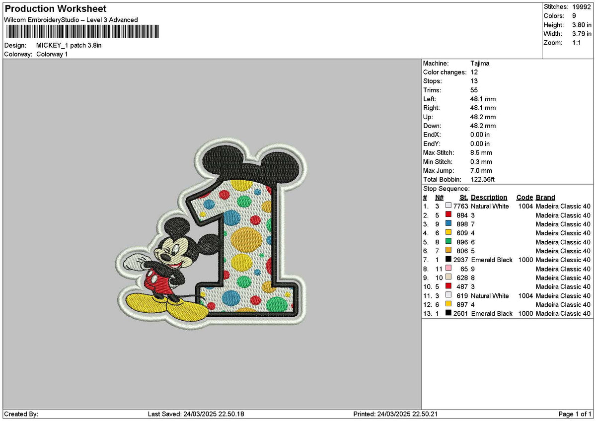 Mickey 1 Patch Embroidery File 6 sizes