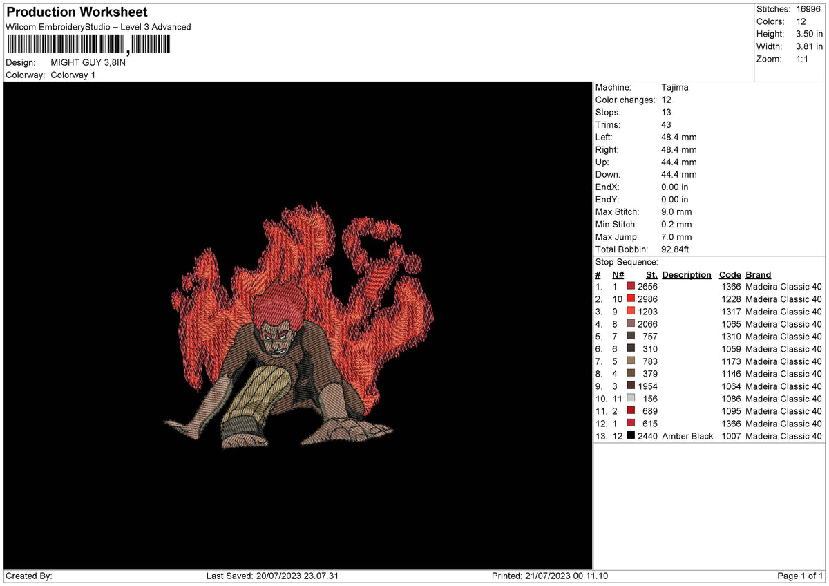 Might Guy Embroidery File 6 sizes