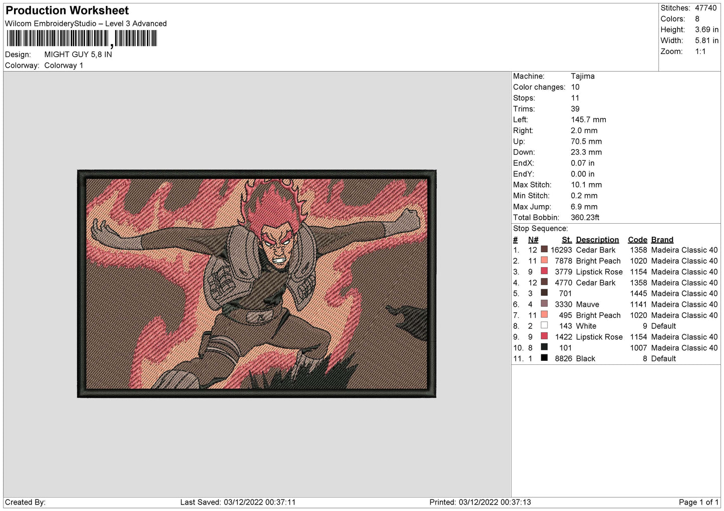 Might Guy Embroidery File 6 sizes