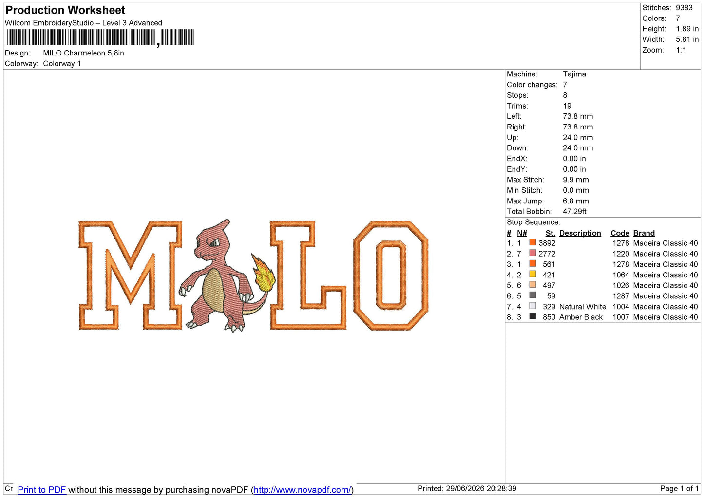 MILO Charmeleon Embroidery File 6 sizes