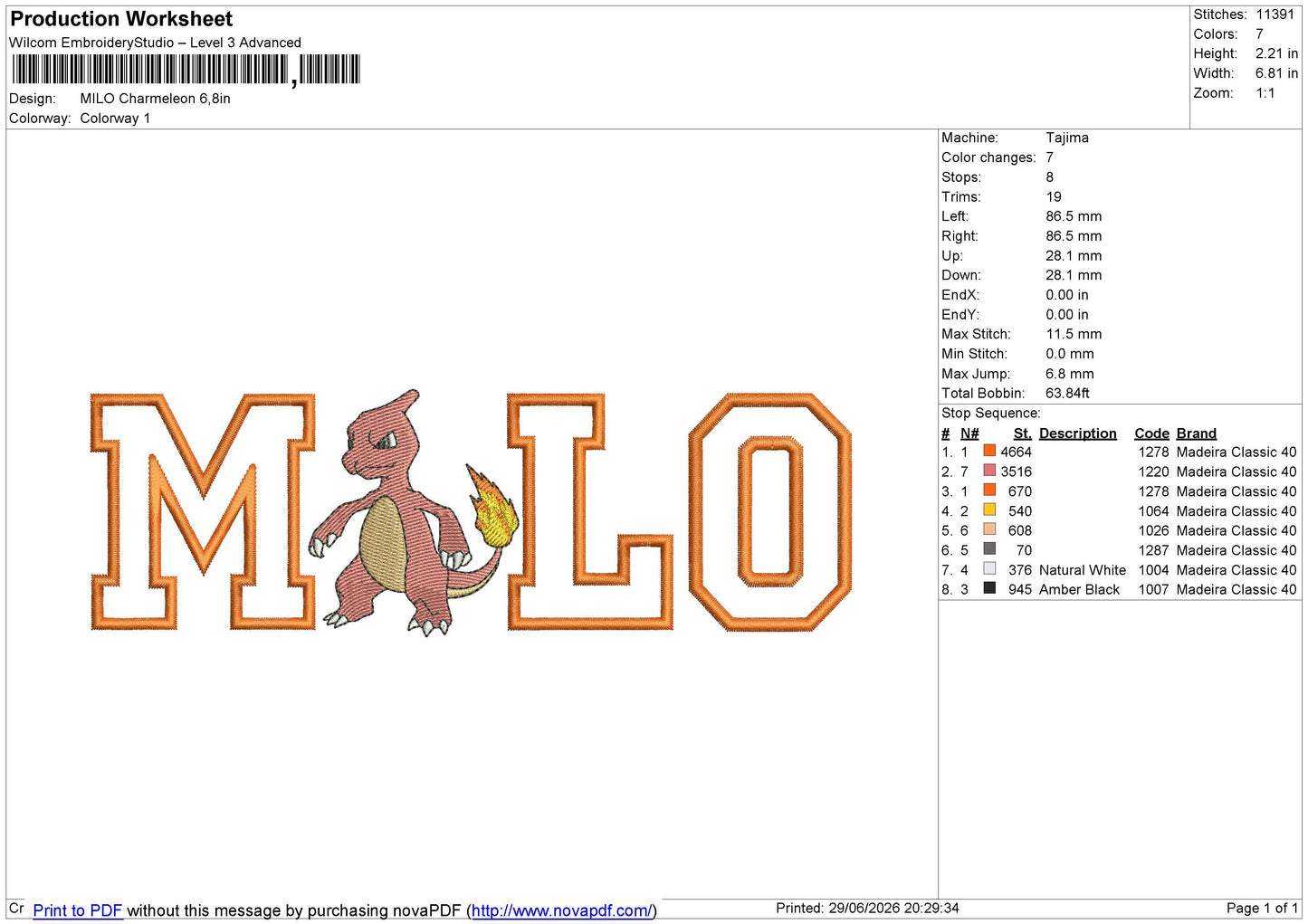 MILO Charmeleon Embroidery File 6 sizes