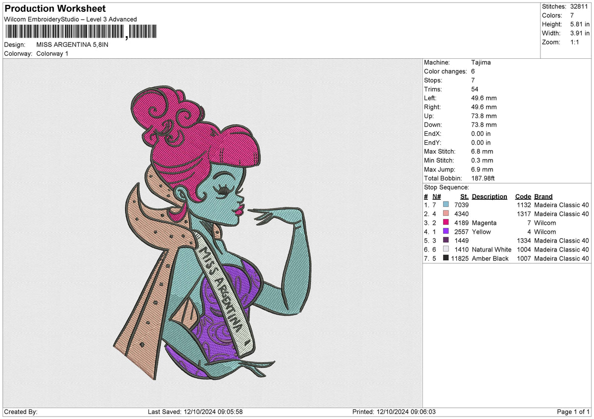 MISS ARGENTINA Embroidery File 6 size