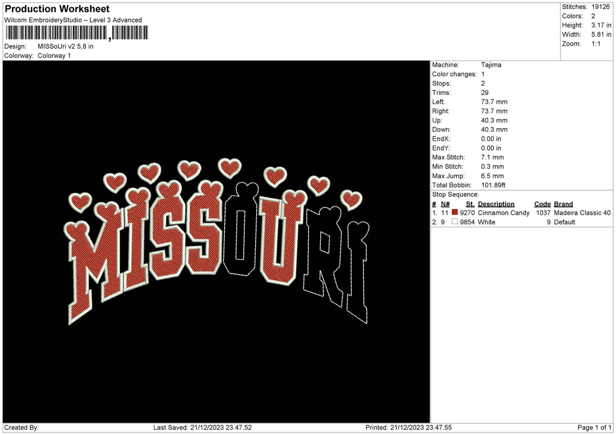 Missouri V02 Embroidery File 6 sizes