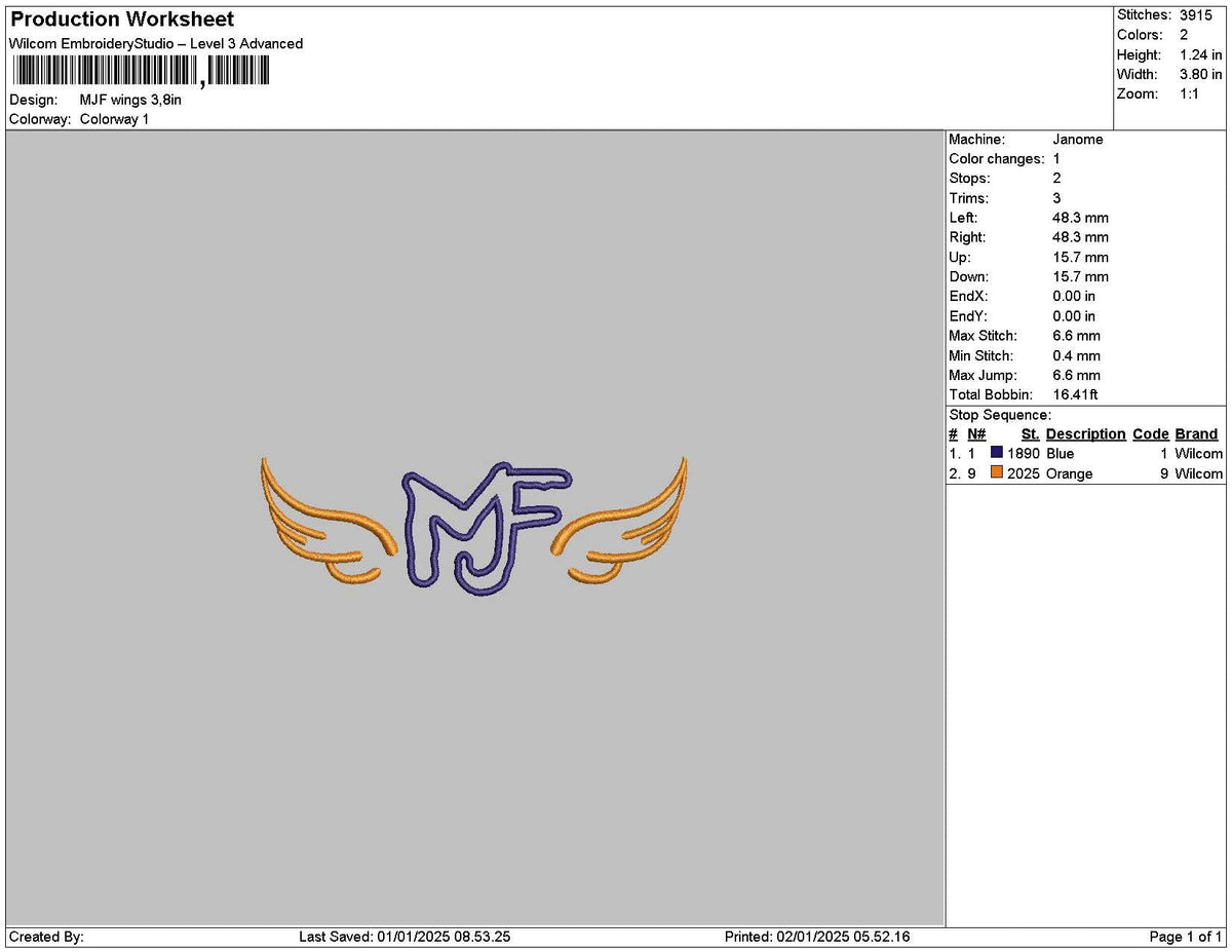 Mj Wings Embroidery File 6 sizes