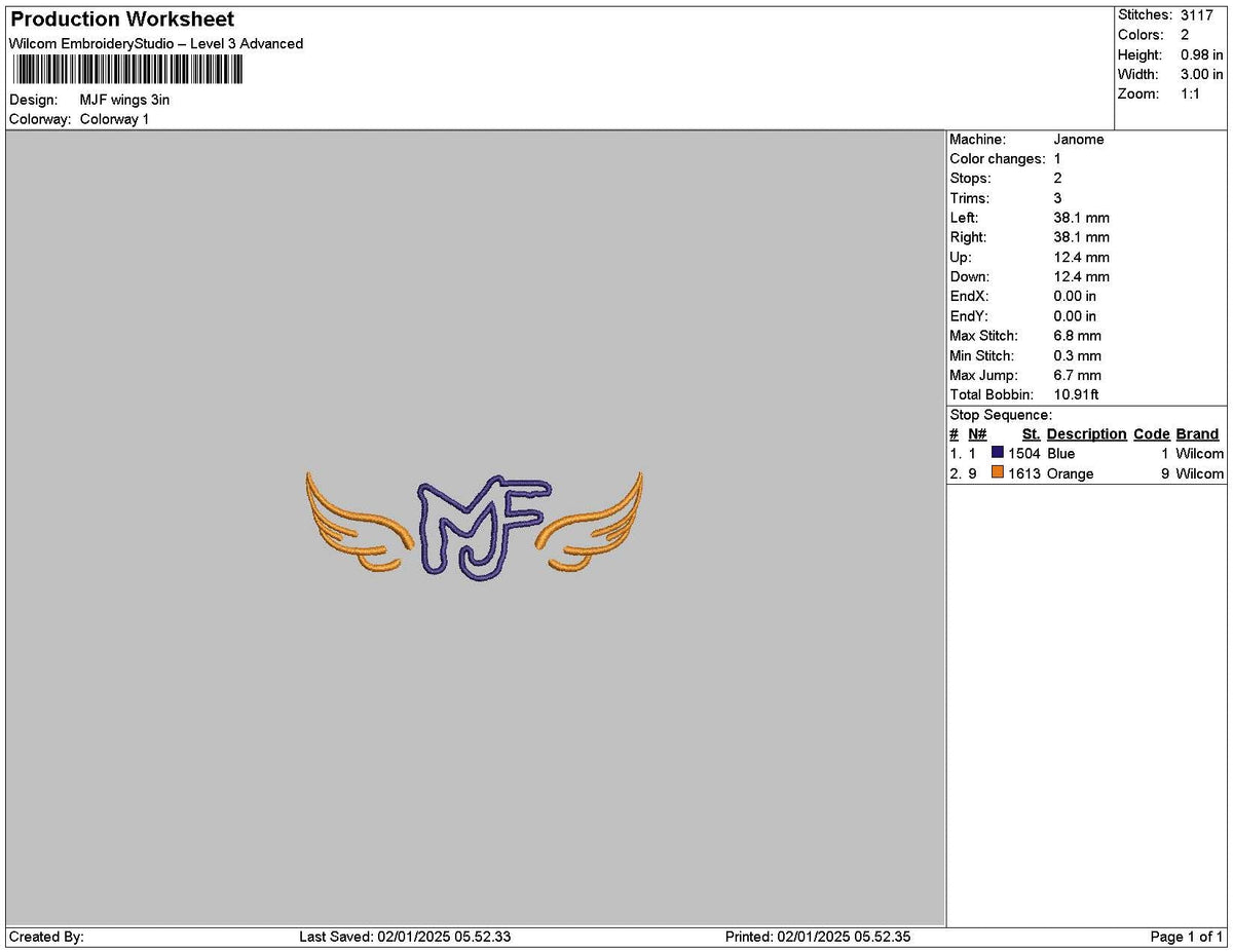 Mj Wings Embroidery File 6 sizes
