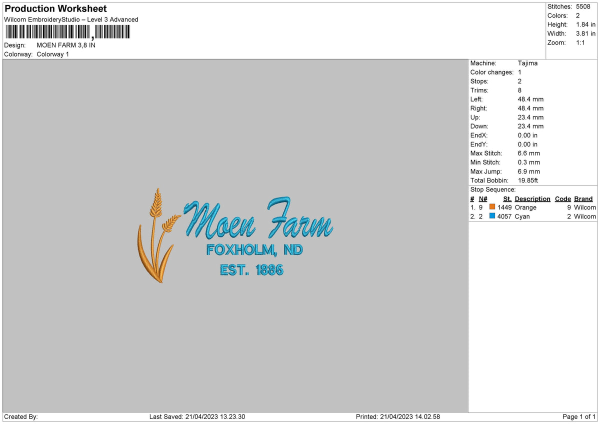 Moen Farm Embroidery File 6 sizes
