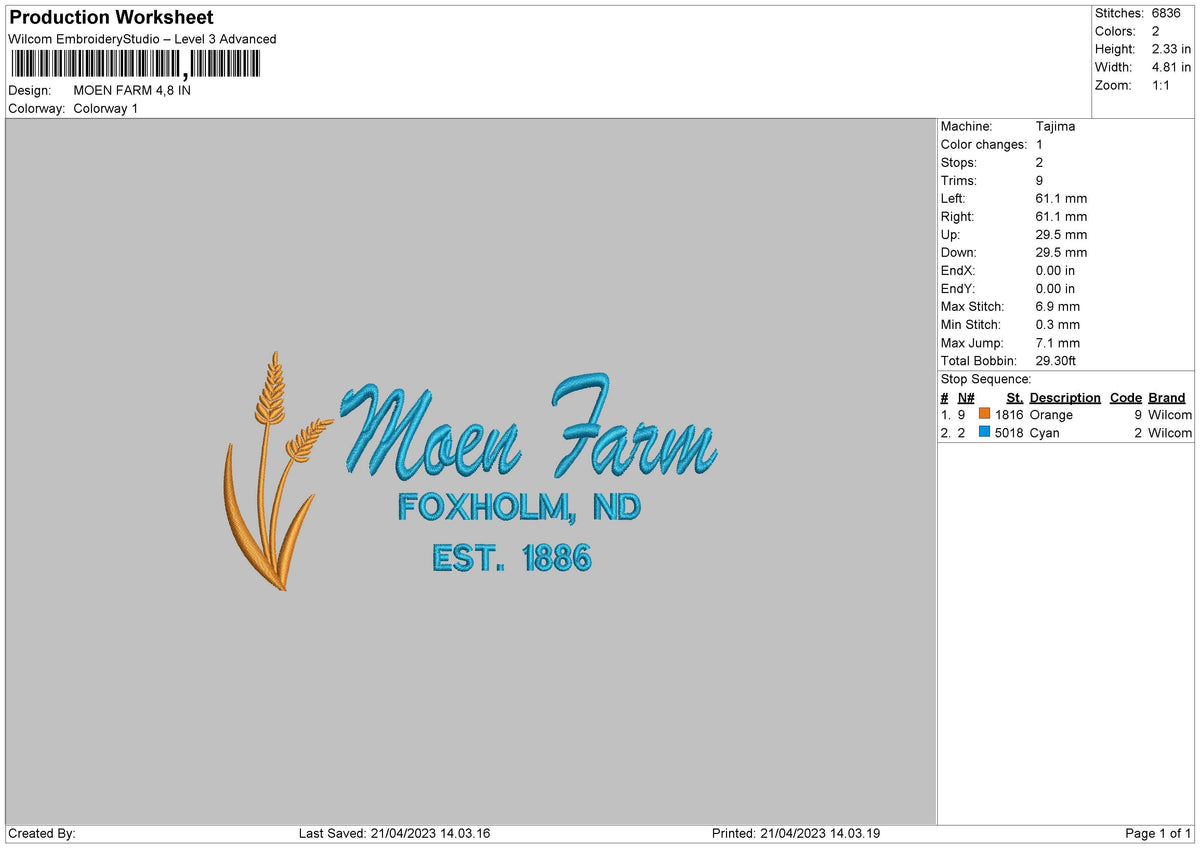 Moen Farm Embroidery File 6 sizes