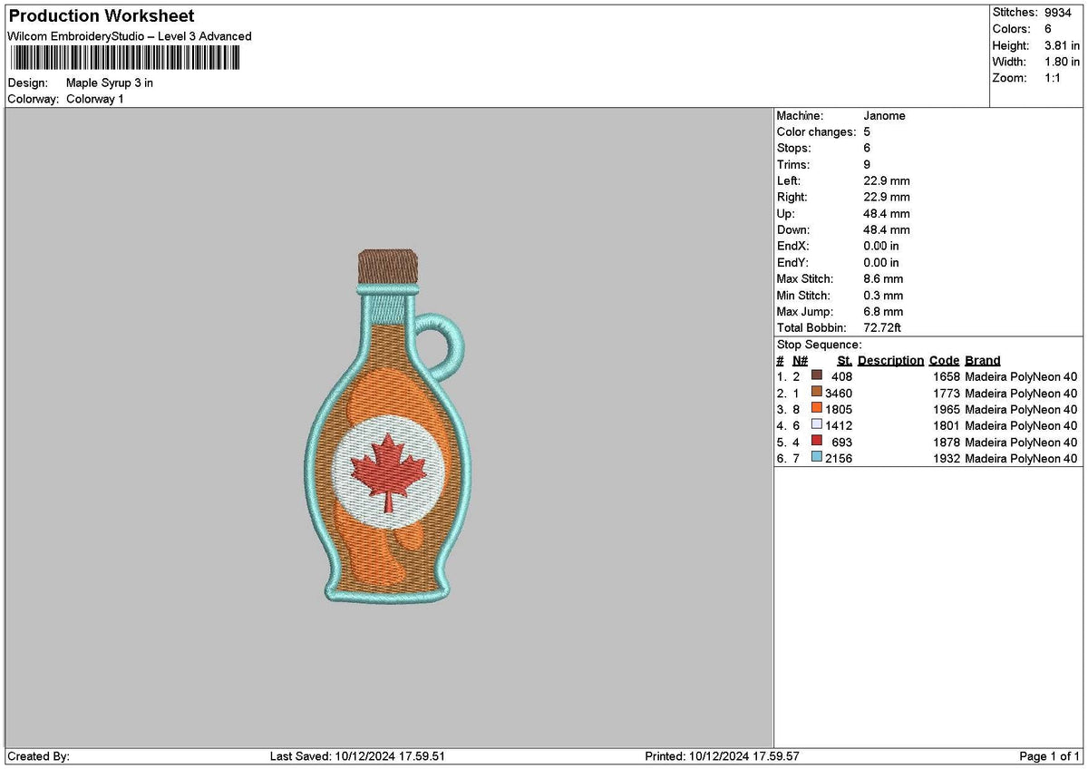 Syrup Bottle Embroidery File 6 sizes