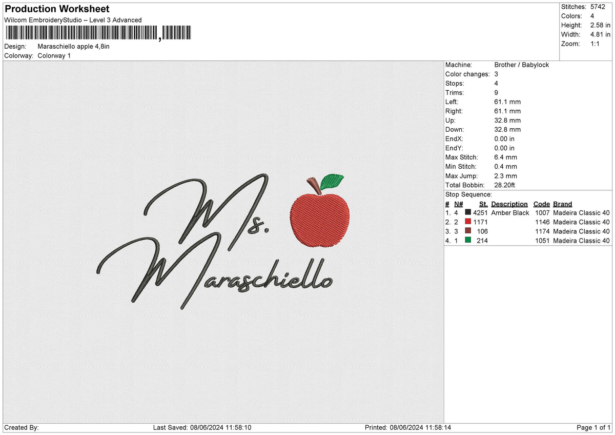 Maraschiello apple Embroidery File 6 size