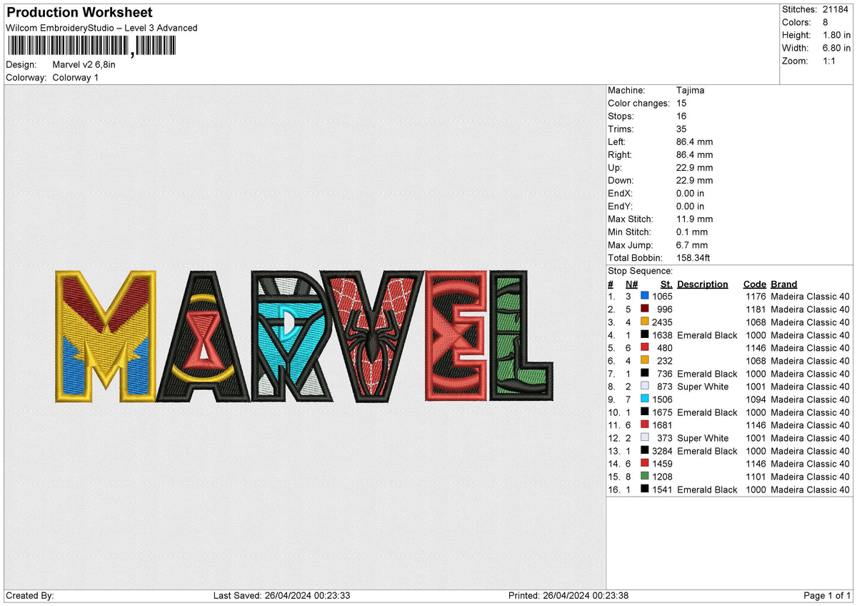 Marvel v3 Embroidery File 6 size
