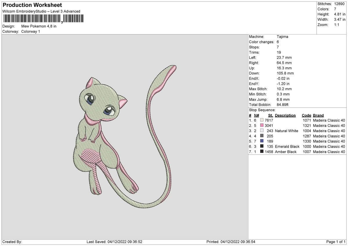 Mew Pokemon 02 Embroidery File 6 sizes