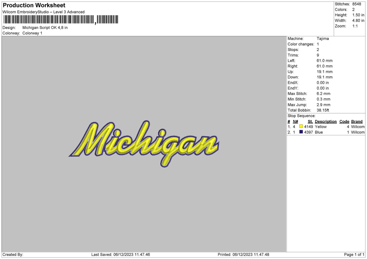 Michigan01 Embroidery File 6 sizes