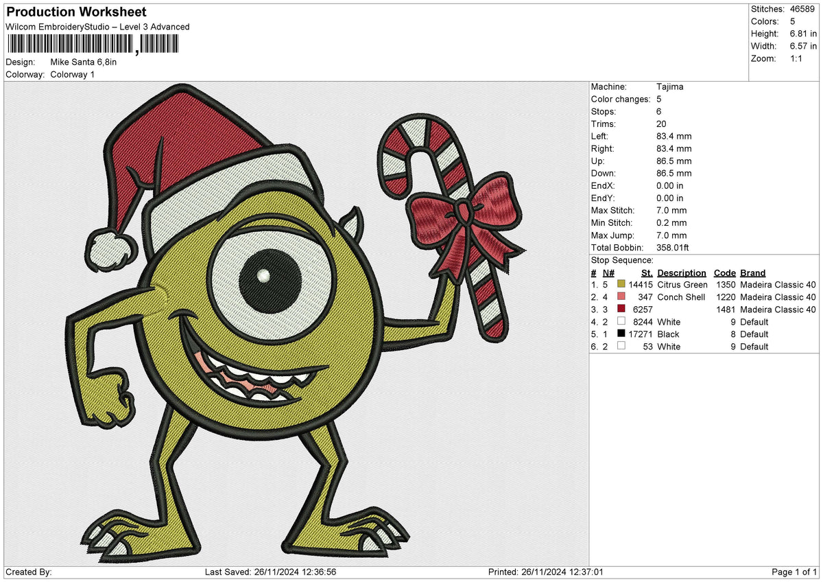 Mike Santa Embroidery File 6 size