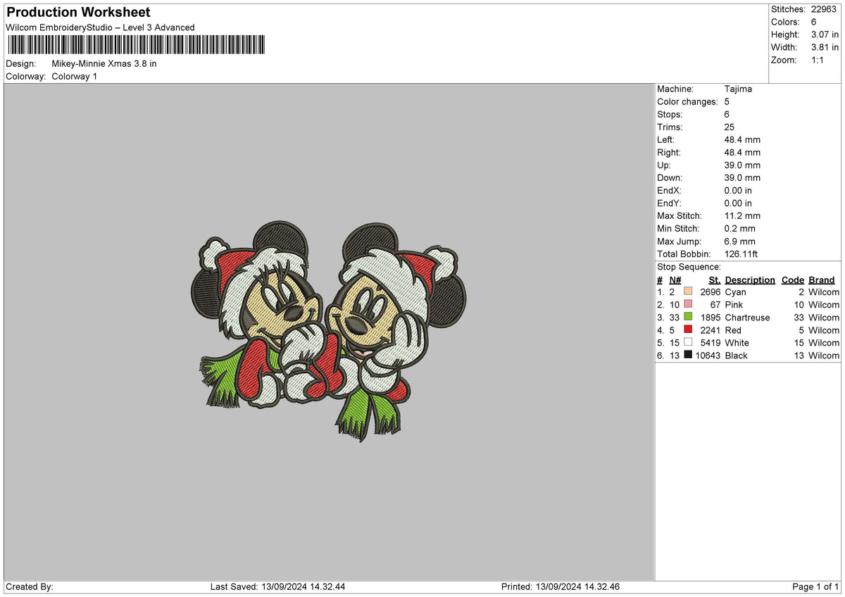 Mickey Xmas 1309 Embroidery File 6 sizes