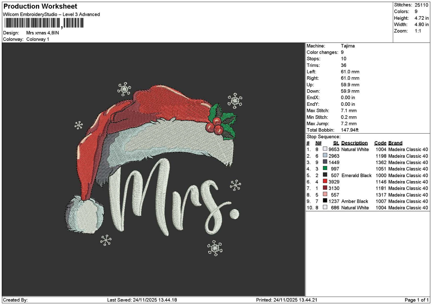 Mrmrs Xmas Embroidery File 6 sizes