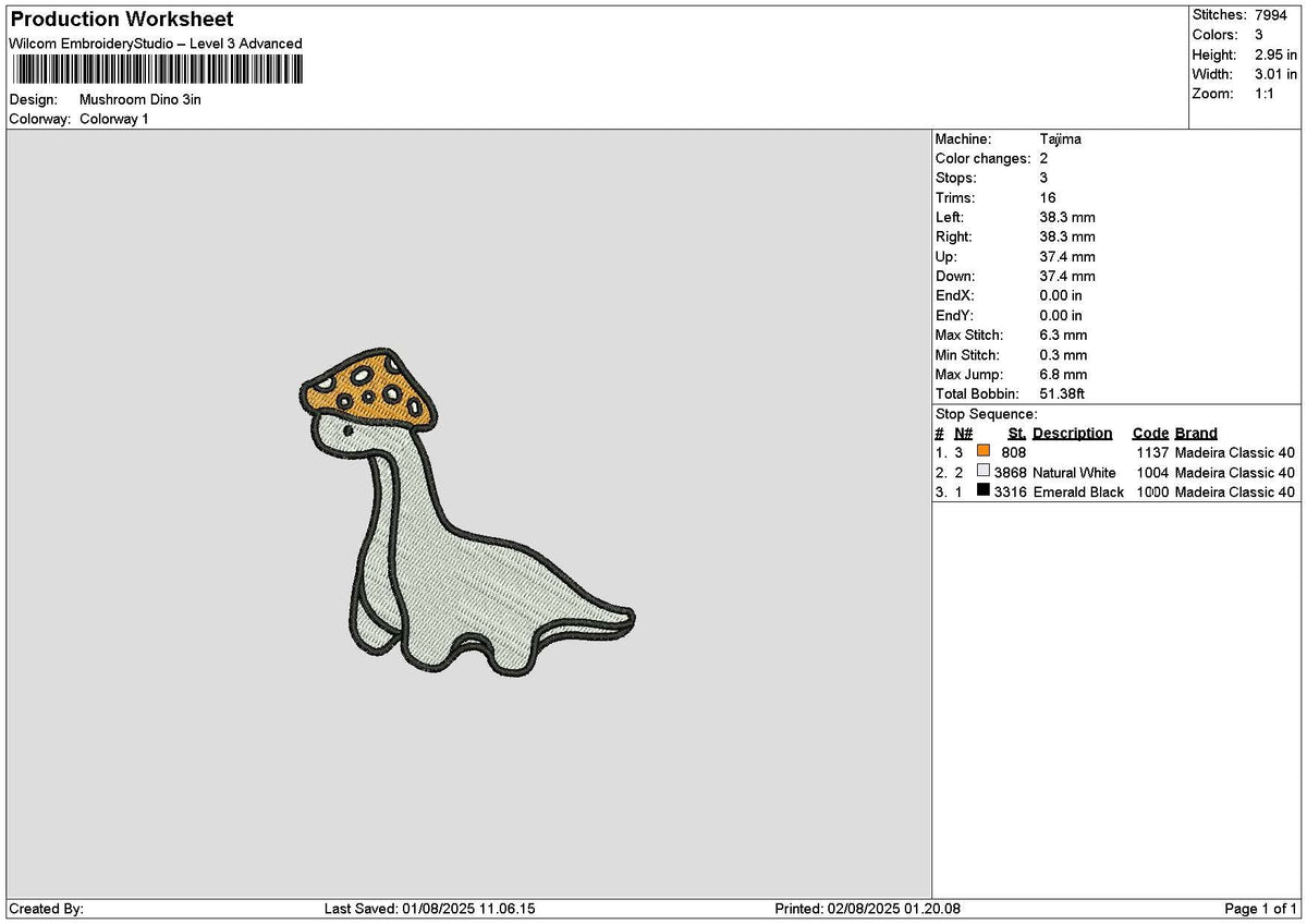 Dino Outline 0208 Embroidery File 6 sizes