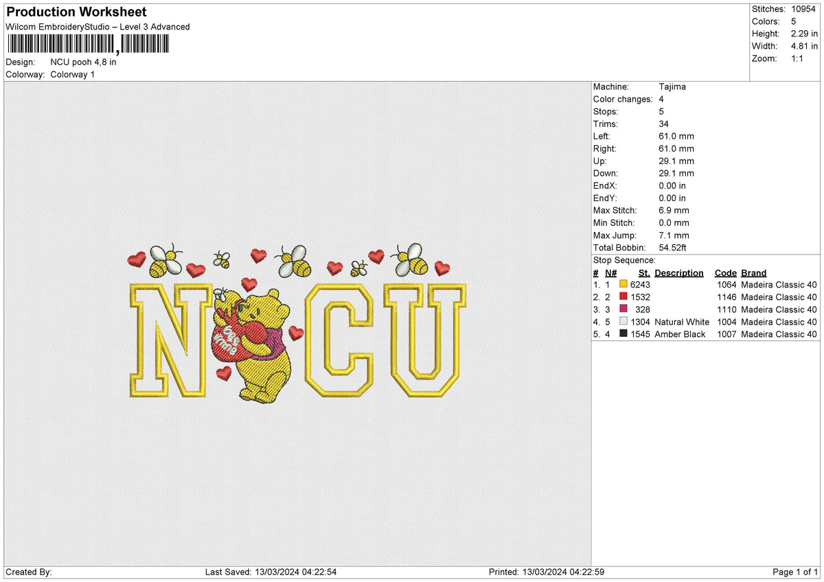 NCU Pooh Embroidery File 6 size