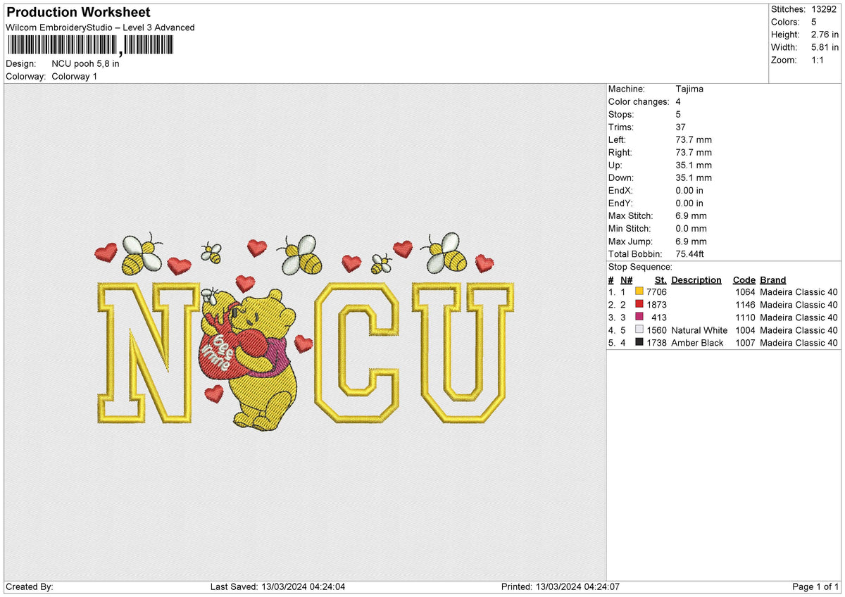 NCU Pooh Embroidery File 6 size
