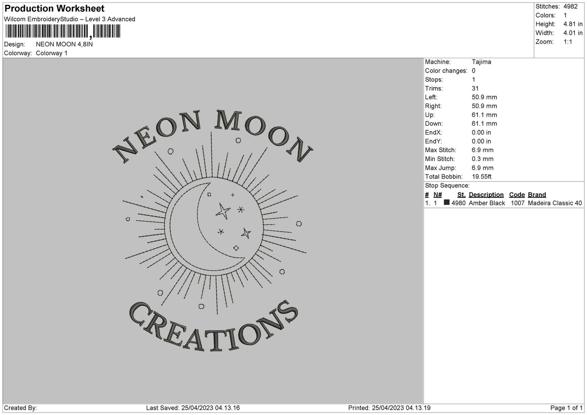 Neon Moon Embroidery File 6 sizes