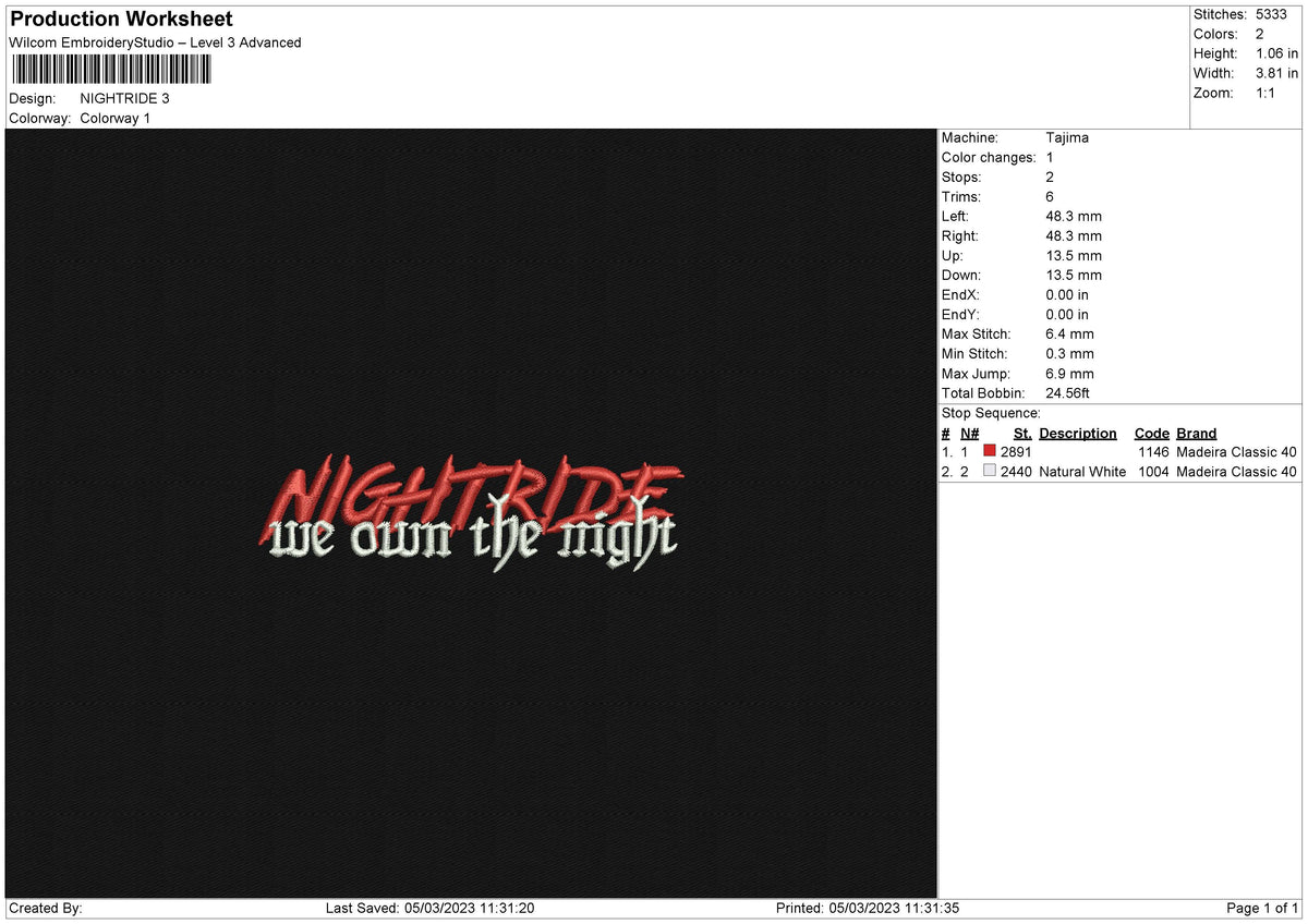 Nightride Embroidery File 6 sizes