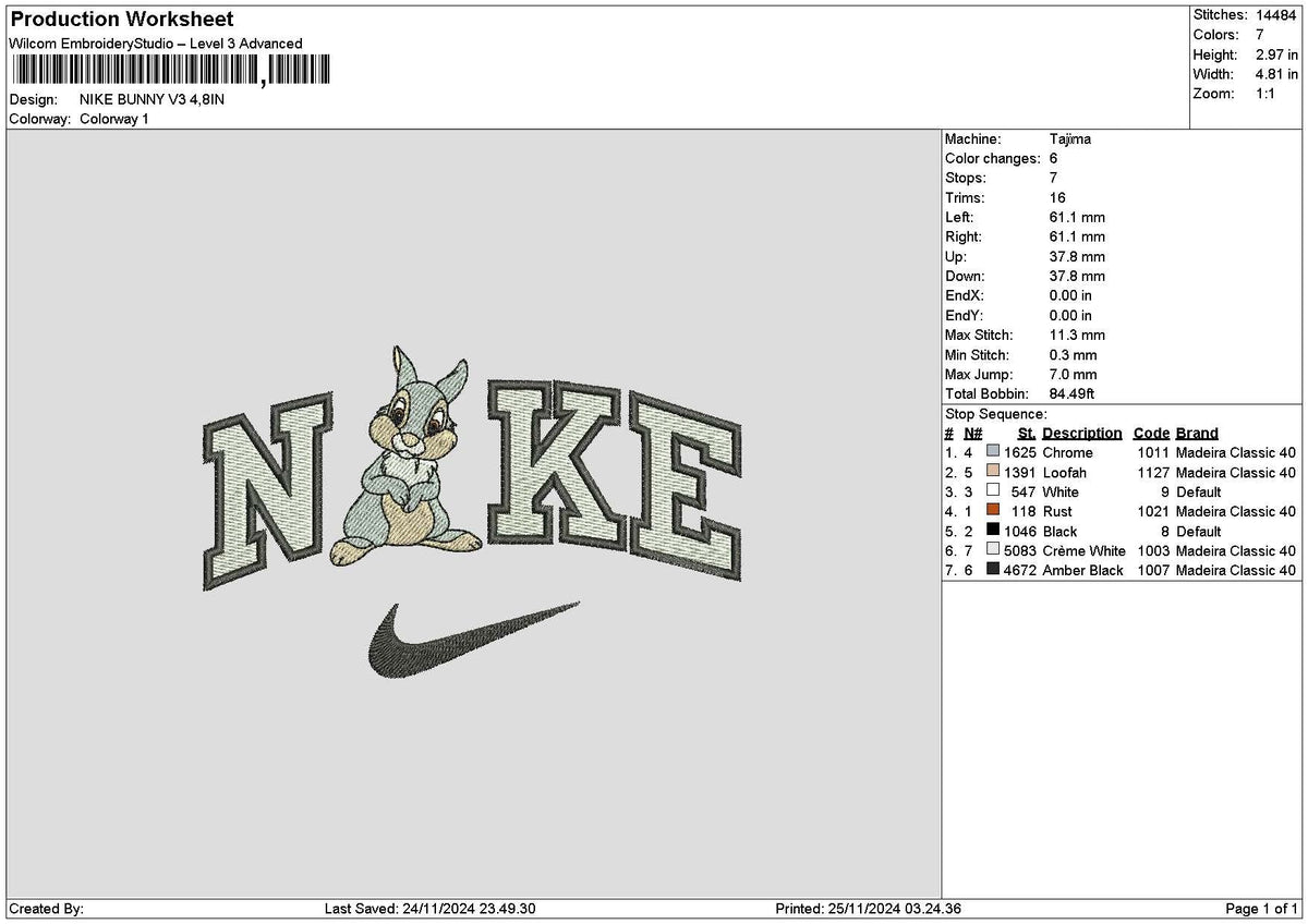 Nike Bunny V3 Embroidery File 6 sizes