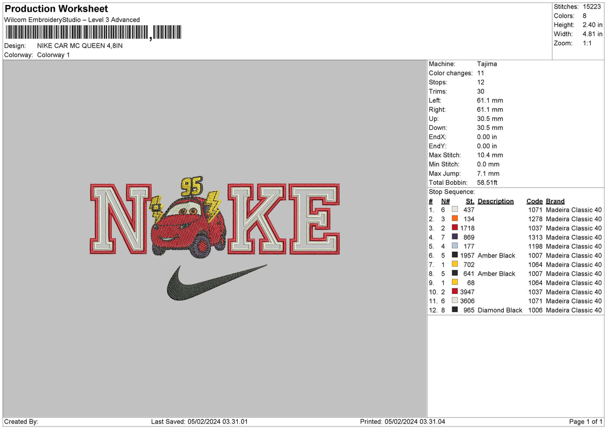 Nike Car Mc Chibi Embroidery File 6 sizes