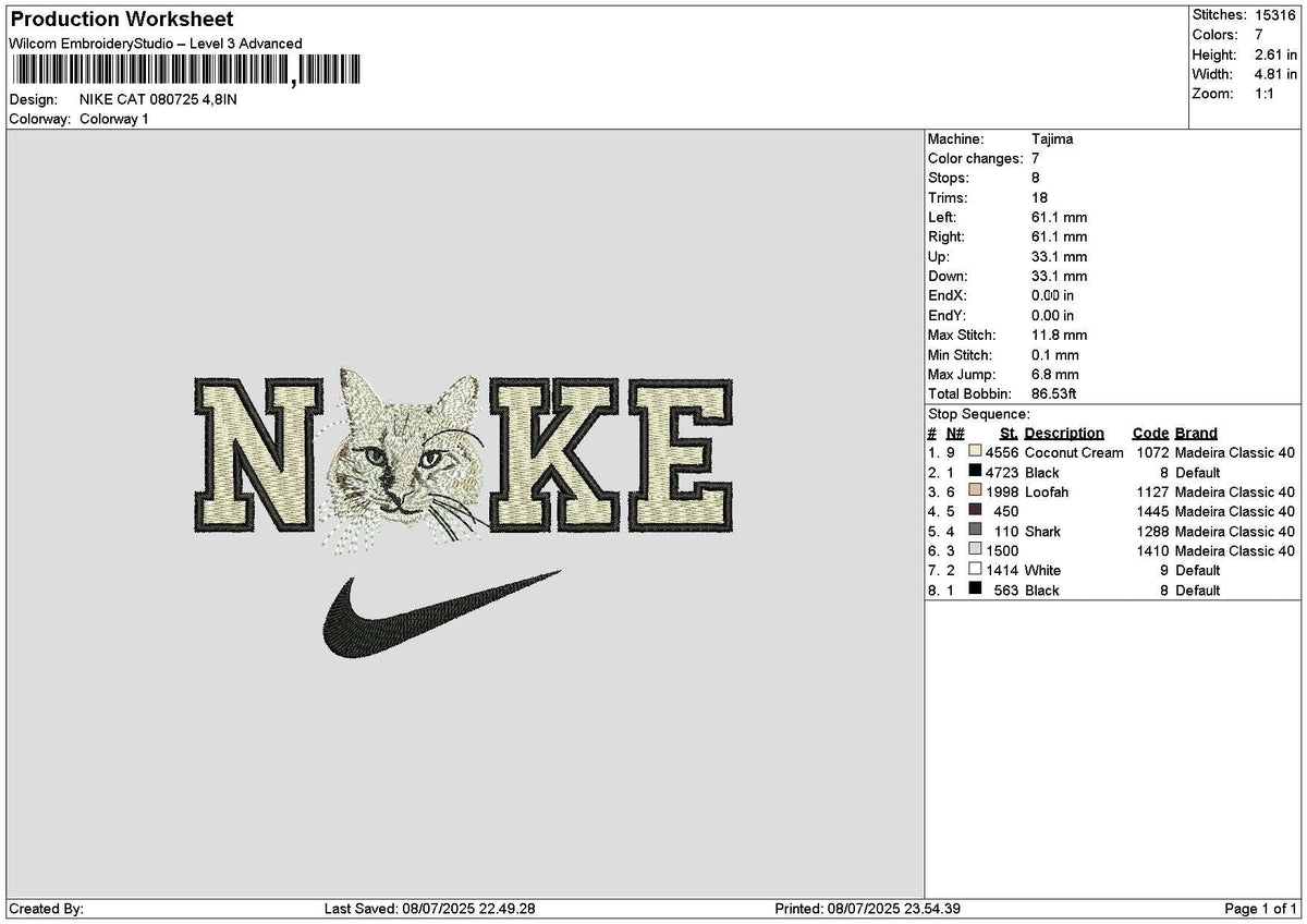 Nike Cat 0807 Embroidery File 6 sizes