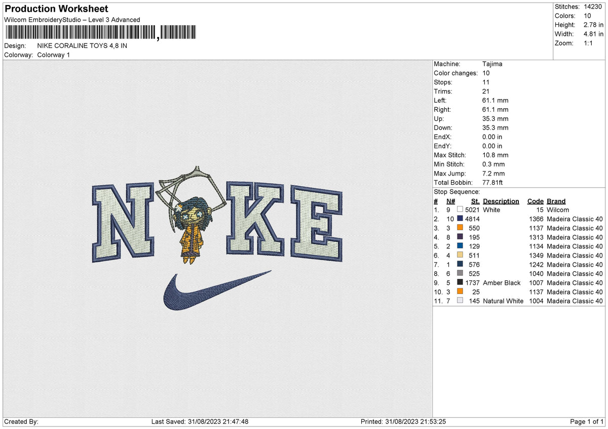NIKE CORALINE TOYS Embroidery File 6 size