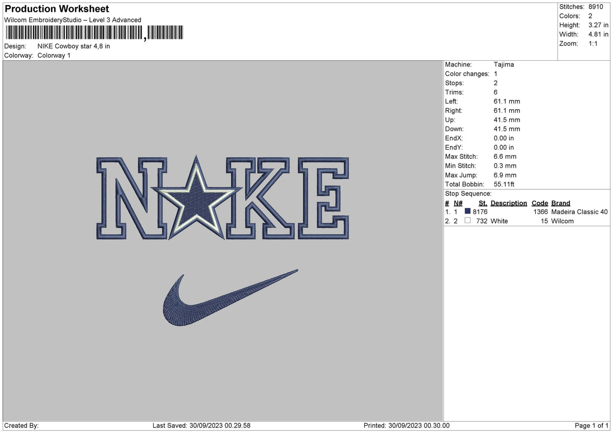 Nike Cowboys Star Embroidery File 6 sizes
