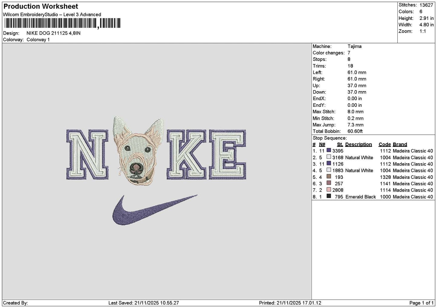Nike Dog 2111 Embroidery File 6 sizes