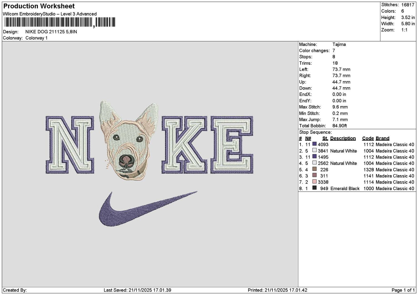 Nike Dog 2111 Embroidery File 6 sizes