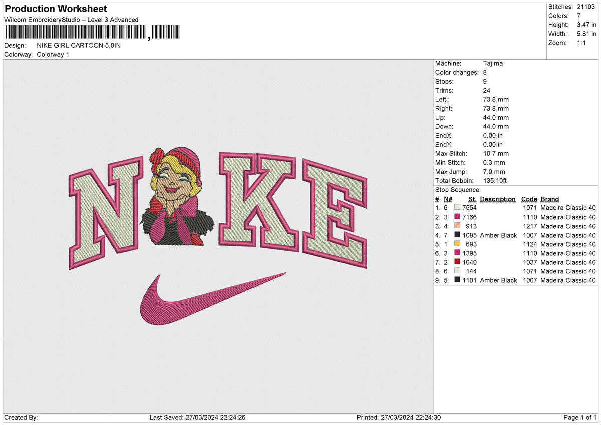 NIKE GIRL CARTOON Embroidery File 6 sizes