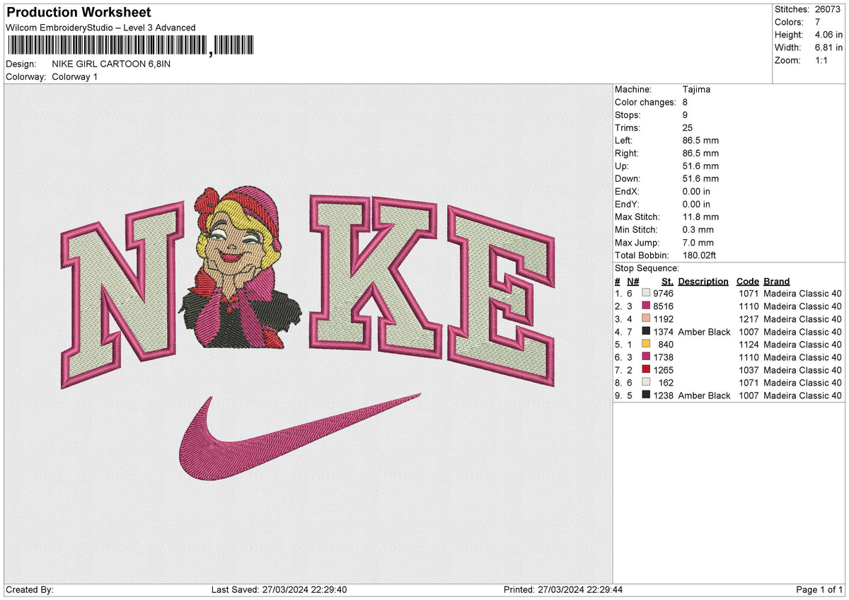 NIKE GIRL CARTOON Embroidery File 6 sizes
